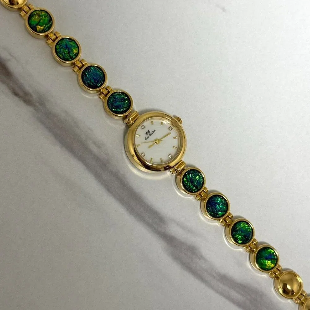 SKU0011 Retro Gold/Blue Stones Women Fashion Watch Stainless steel +‎ gift bag